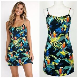 Vintage 90s Floral Parrot Print Sundress Size XL Made in Hawaii Tropical Resort